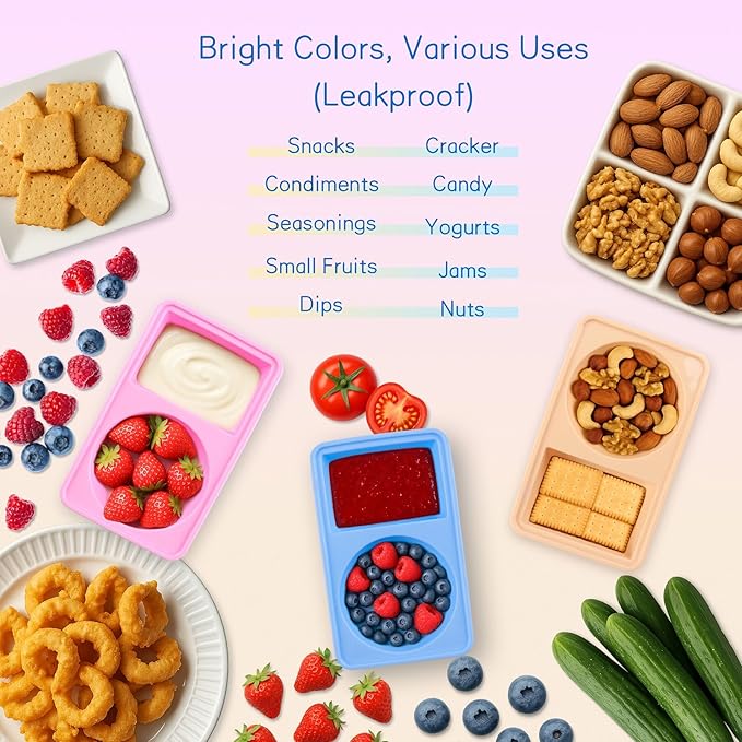 SEVENKA 3 Reuseable Silicone Snack Containers with Lids, Small Double Compartment Snackle Bento Box, Leakproof Sauce & Salad Dressing Containers for Travel, Office, Picnic, Dishwasher Safe