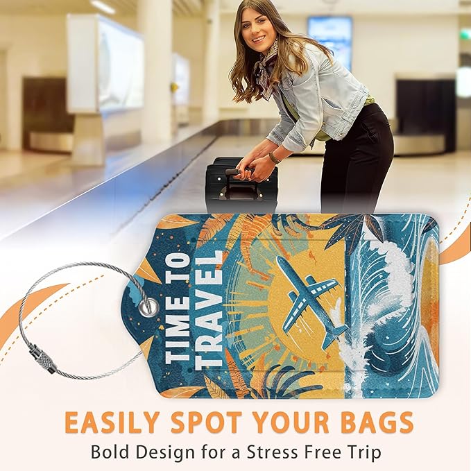 Vintage Airplane Beach Travel 3 Pack Luggage Tags for Suitcases, Tropical Sunset Flight PU Leather Luggage Tag for Travel, Bag Tags with Privacy Name ID Card and Steel Loop for Women Men