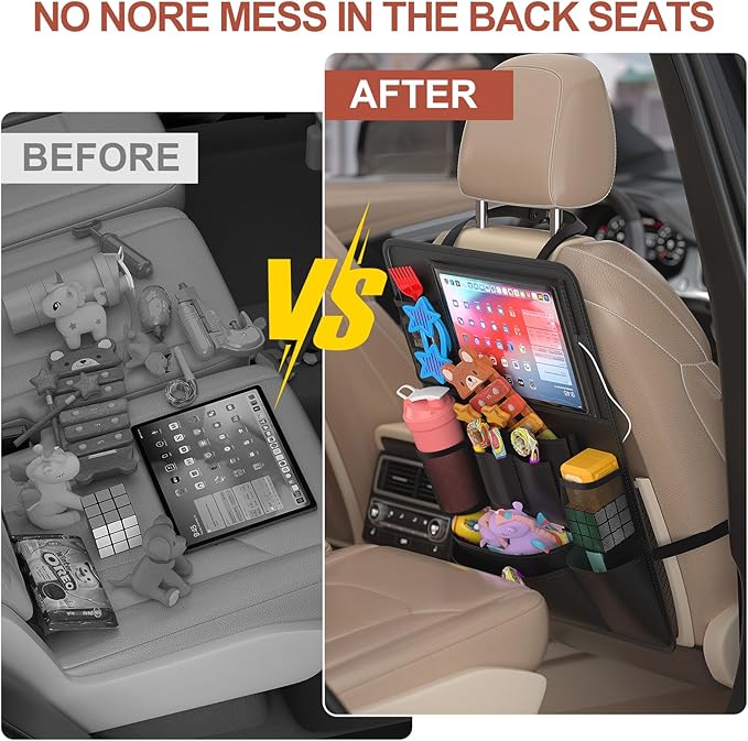 Backseat Car Organizer with Touch Screen,Kick Mats Back Seat Protector with 10 Storage Pockets,Car Seat Back Organizers Storage for Snacks Drinks Toy Umbrellas for Kids Road Trip