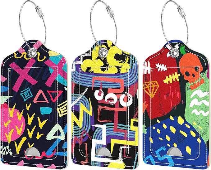 Rimilak 3 Pcs PU Leather Luggage Tags for Suitcase, Travel Cruise Luggage Tag with Privacy Flap, Name ID Label and Metal Loop for Women Men Baggage Handbag School Bag Backpack, Graffiti