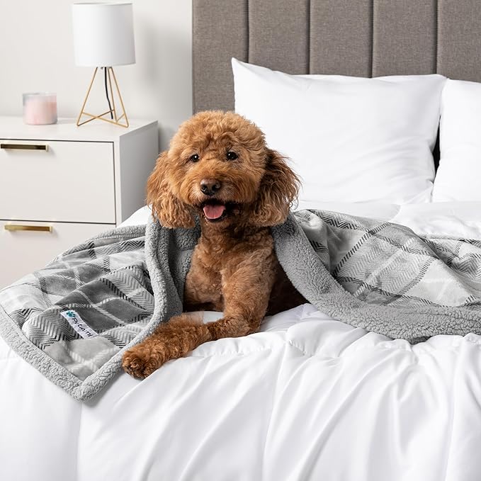 PetAmi Waterproof Dog Blanket for Medium Large XL Dog Puppy Cat Throw for Couch Cover Leakproof Protection, Sherpa Fleece, Reversible Soft Washable 80x60 Plaid Light Gray