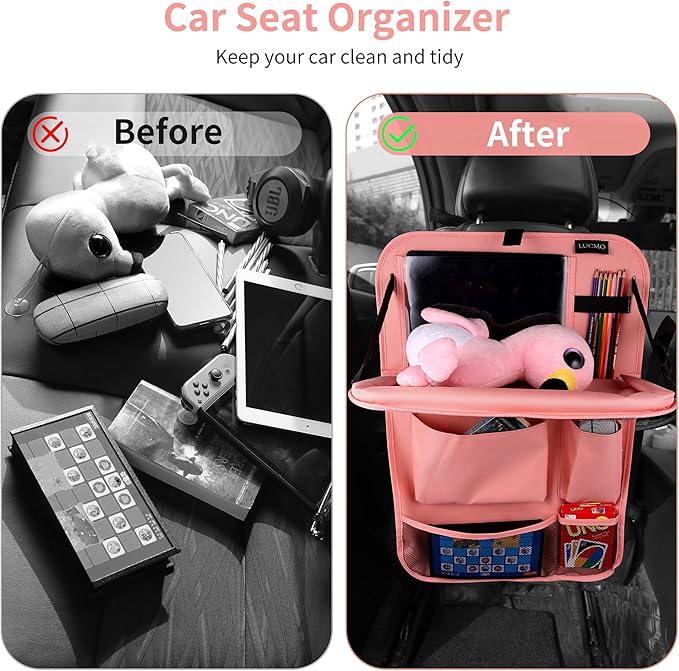 LUCMO Car Backseat Organizer with Tablet Holder-2 Pcs,6 Storage Pockets Car Storage Organizer with Foldable Food Tray,Protectors Kick Mats Travel Accessories-Pink