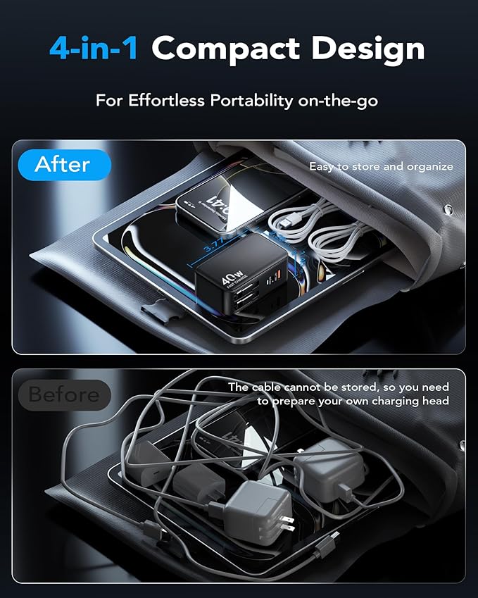 Retractable USB C Charger Wall Plug with Dual 35.5in/90cm Type C Cables Cords,40W Fast Charging Foldable Block Multi Charger for All Devices for iPhone 17/16/15/14/13/12,iPad,Galaxy,Pixel