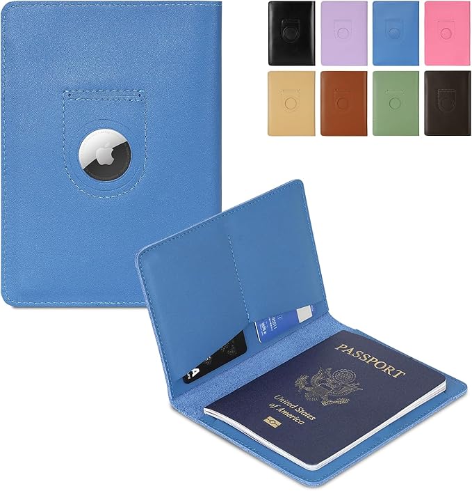 Full Grain Leather AirTag Passport Holder Wallet Cover for Men and Women Travel, Passport Holder with AirTag Slot Passport Wallet, Travel Essentials Genuine Leather Passport Cover Gifts (Blue)