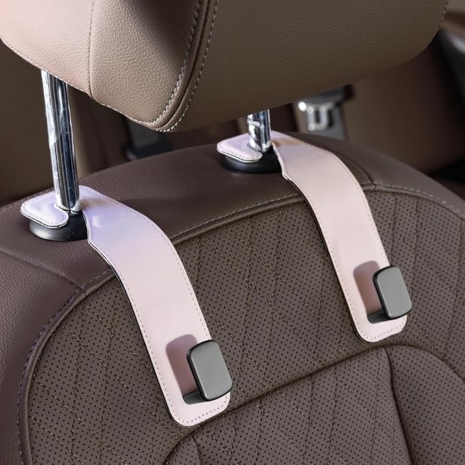 CoBak Headrest Hooks for Car - Universal Premium Stitched Leather and Aluminum-Magnesium Alloy Single Car Seat Back Storage Hook for Purses, Handbags, Bags (2 Pack),Pink