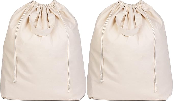 Canvas Laundry Bags - Extra Large, Heavy Duty, 100% Cotton Laundry Bag with Straps, Handles and Drawstring - College Dorm Laundry Bag in XL Size - Washable, Foldable Laundry Basket Liner (2 Pack)