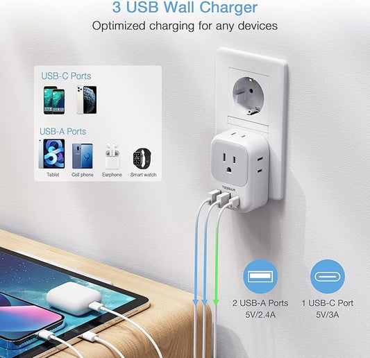 TESSAN 2 Pack Type E F Plug Adapter USB C, Germany France Power Adaptor with 3 USB Charger Ports, 4 AC Outlets Travel Plug for US to Europe EU Spain Iceland Korea Greece Russia German French