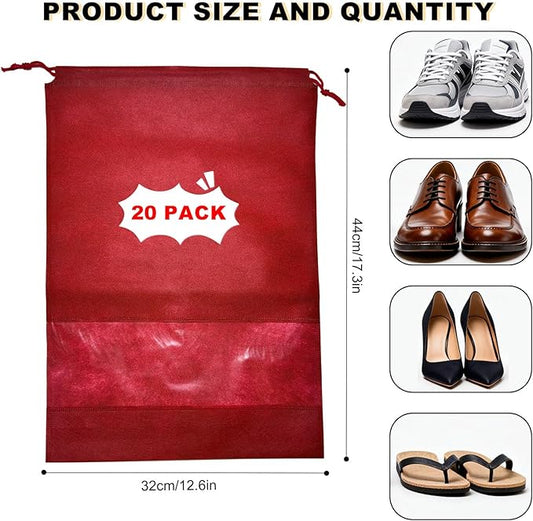 20 Pack Shoe Bags for Travel, 17" x 12.6" Drawstring Shoe Organizers with Clear Window, Breathable Non-Woven Dustproof Pouches for Luggage & Closet (Red)