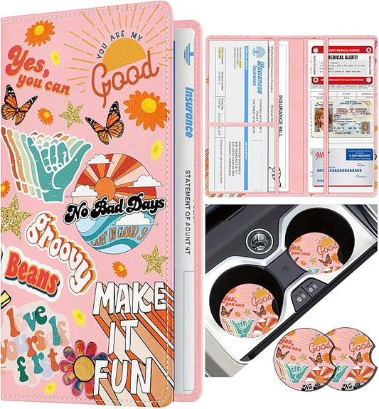 Slohif Car Registration and Insurance Card Holder with Magnetic Shut - Vehicle Glove Box Organizer Women Leather Automobile License Holders Coasters Auto Accessories Case for Document Funny Y2K