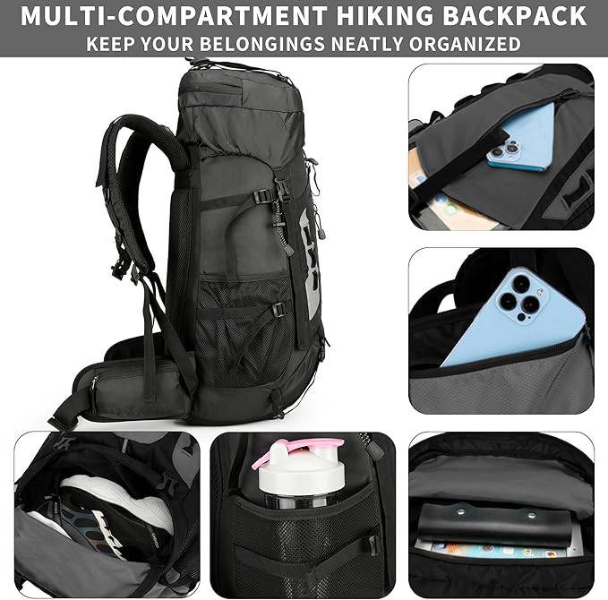 75L Hiking Backpack with Rain Cover Waterproof Camping Backpack Shoes Warehouse for Men Women, Frameless