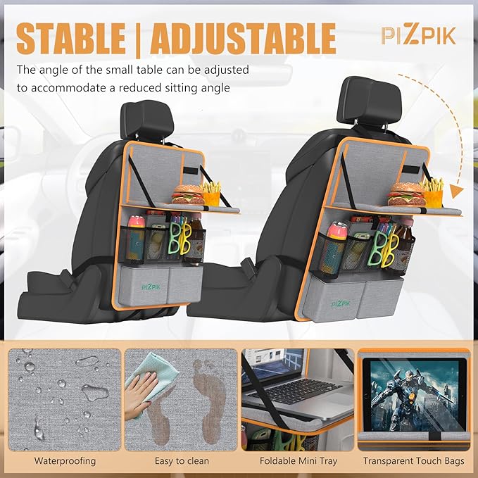 Car Backseat Organizer with Tablet Holder,11 Storage Pockets with Foldable Food Tray, Protector Kick Mats for Kids, Travel Accessories Organizer (Orange, 2Pack with Food Tray)