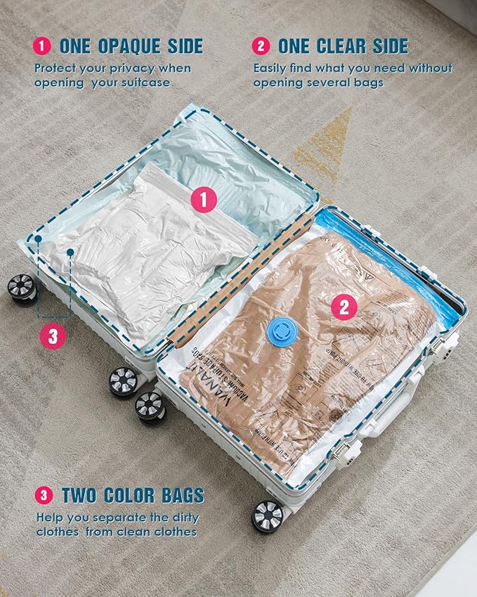 Travel Vacuum Storage Bags with Hand Pump, 8 Pack (4S+4XS) Vacuum Seal Bag Travel Essentials Space Saving Bags for Clothes, Luggage, Carry-on Suitcase, Backpack, Holiday Business Trip