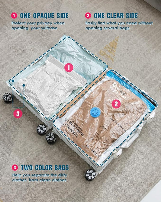 Travel Vacuum Storage Bags with Hand Pump, 8 Pack (4S+4XS) Vacuum Seal Bag Travel Essentials Space Saving Bags for Clothes, Luggage, Carry-on Suitcase, Backpack, Holiday Business Trip