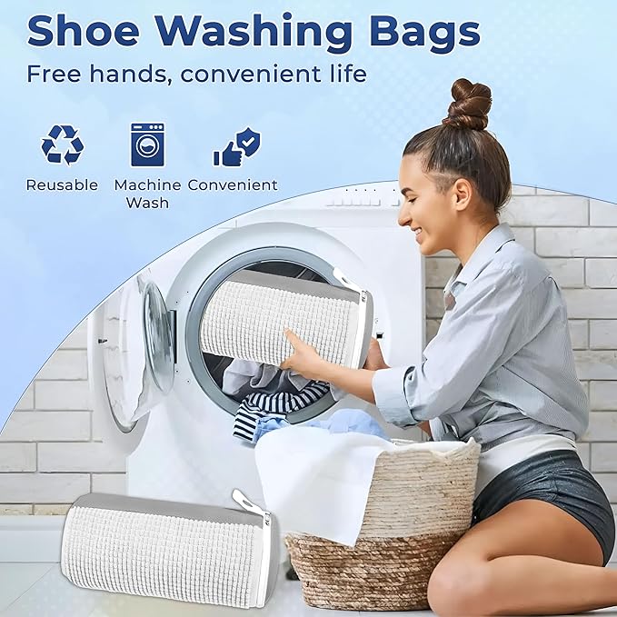 2Pcs Shoe Washing Machine Bag with Insoles | Reusable Sneaker Laundry Bags for Machine Wash | Fluffy Fiber 360° Cleaning with Durable Zipper Closure (White Grey & Trees)