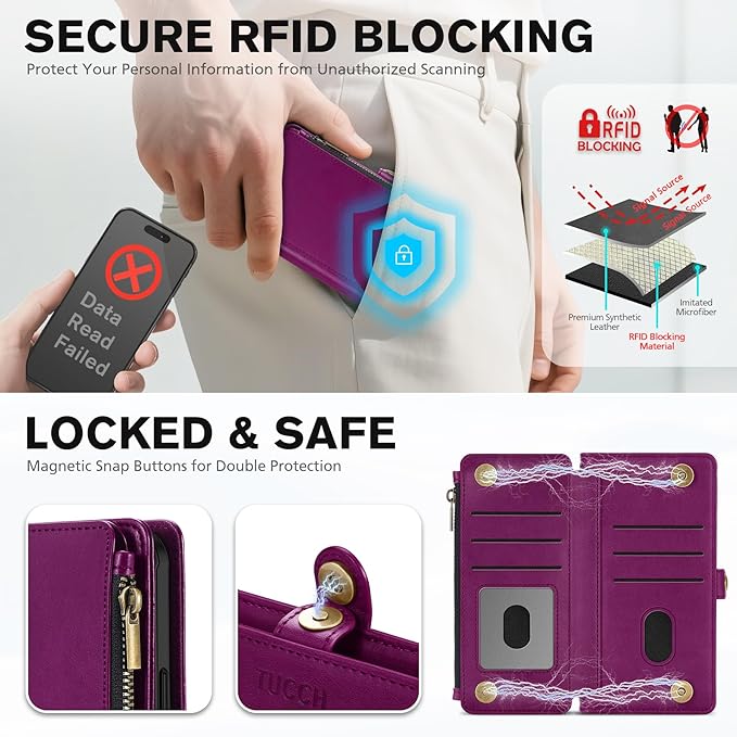 TUCCH Crossbody Detachable Wallet Case for iPhone 17 (6.3") 2025, 9 Card Holders RFID Blocking, Wireless Charging, Stand, Wrist Strap, Lanyard, Zipper Pocket, PU Leather Shockproof Cover, Plum Purple