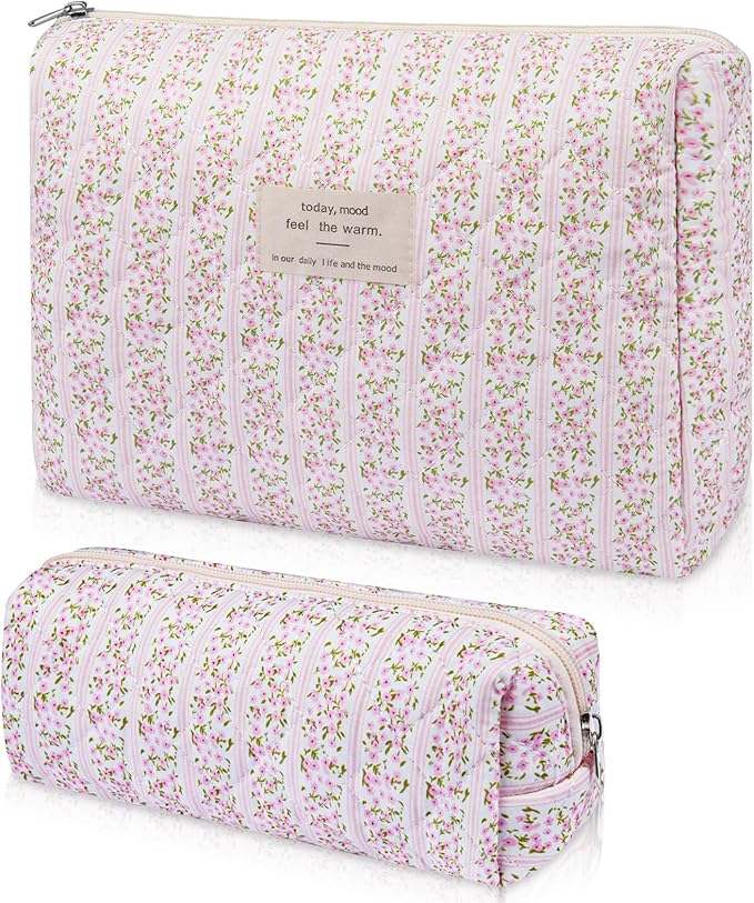 2PC Makeup Bag Set, Cute Cosmetic Bag for Women Girls, Floral Coquette Aesthetic Toiletry Bag, Travel Make Up Organizer Bag (Pink Floral)