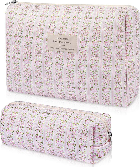 2PC Makeup Bag Set, Cute Cosmetic Bag for Women Girls, Floral Coquette Aesthetic Toiletry Bag, Travel Make Up Organizer Bag (Pink Floral)
