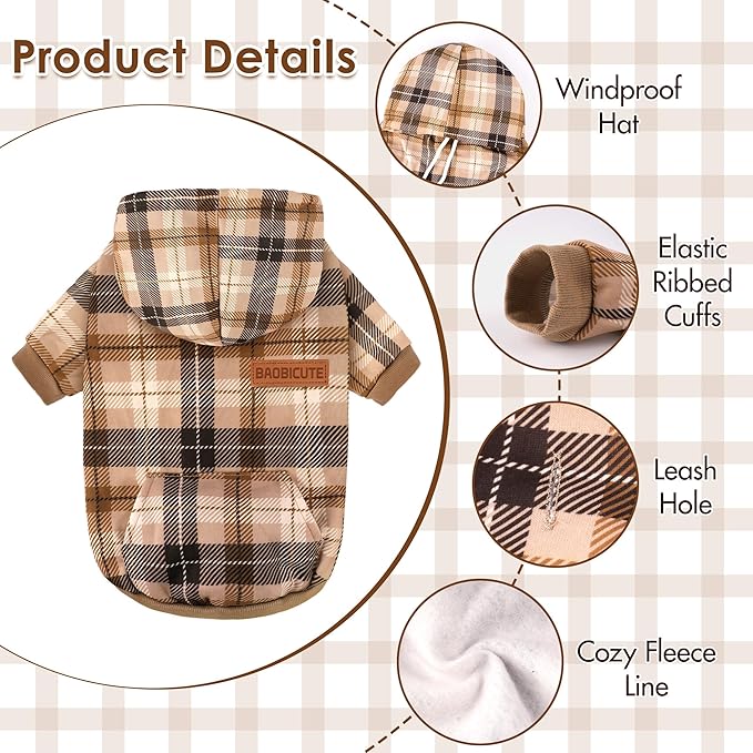 BAOBICUTE Dog Basic Hoodie Soft Dog Clothes Cold Weather Sweaters for Medium Large Dogs Cozy Fabric Warm Sweatshirt with Leash Hole (Khaki Plaid, L (Back: 20.47",Chest: 28.35", Neck: 21.26"))