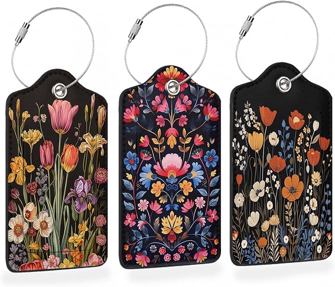 Colorful Boho Flowers 3 PCS Luggage Tags, Vintage Floral Leather Suitcase Tags with Privacy Cover Name Address Labels and Durable Steel Loop for Men/Women Travel Bag Suitcases
