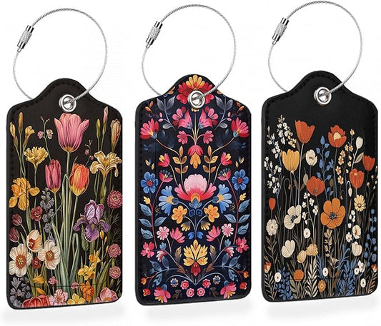 Colorful Boho Flowers 3 PCS Luggage Tags, Vintage Floral Leather Suitcase Tags with Privacy Cover Name Address Labels and Durable Steel Loop for Men/Women Travel Bag Suitcases