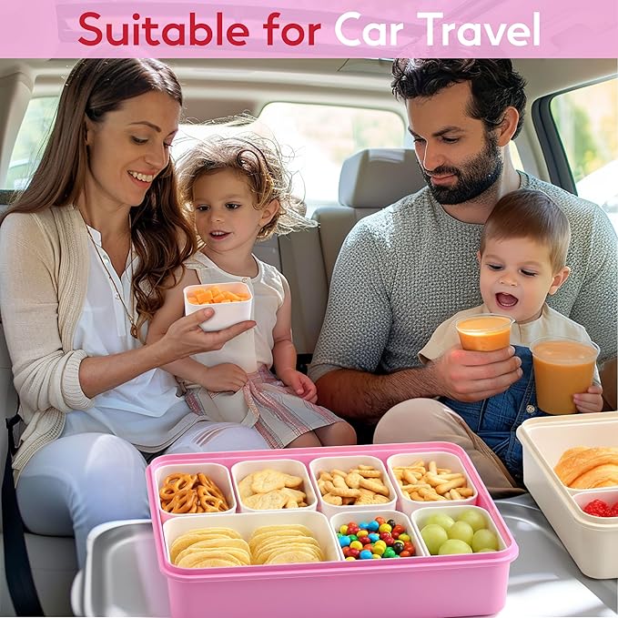 Snackle Box Container for Adults, 11 in 1 Divided Serving Tray Snack Box Containers with Stackable Compartment and Handle, Customizable Charcuterie Boxes Portable Snack Platter for Party Travel, Pink
