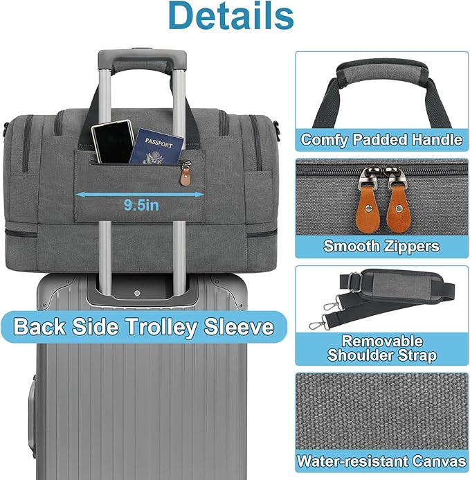 Canvas Travel Duffel Bag for Men - 21 Inch Expandable 47L Weekender Bags with Trolley Sleeve & Toiletry Bag, Overnight Carry On Luggage with Removable Shoulder Strap, Durable & Water-Resistant