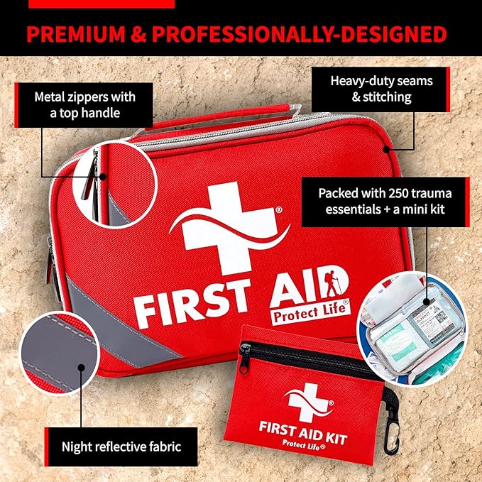 Protect Life First Aid Kit for Home & Business, 250 Pcs - Emergency Medical Kit for Camping & Hiking