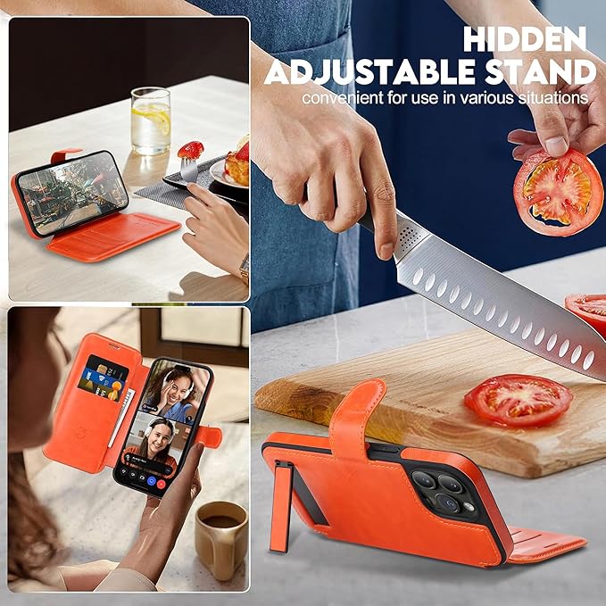 CIVICASE for iPhone 14 Pro Wallet Case with Stand,PU Leather Flip Credit Card Holder Slots (RFID Blocking),Compatible with Magsafe Magnetic Holder Phone Cover Women Men,Orange