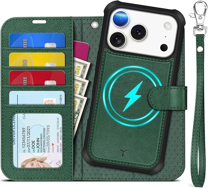 TUCCH 2-in-1 Removable Wallet Case for iPhone 17 Pro (6.3-inch) 2025, Wireless Charging | RFID Blocking 4 Card Holder | Wrist Strap | Kickstand | Magnetic | PU Leather | Protective Cover | Dark Green