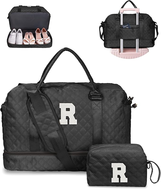 Vogewood Easter Gifts for Teens-Duffle Bags, Personalized Weekender Bag with Shoulder Strap, Monogram Overnight Bags for Women Wet Pocket, Letter Travel Bag with Makeup Bag Gifts for Niece (Letter R)
