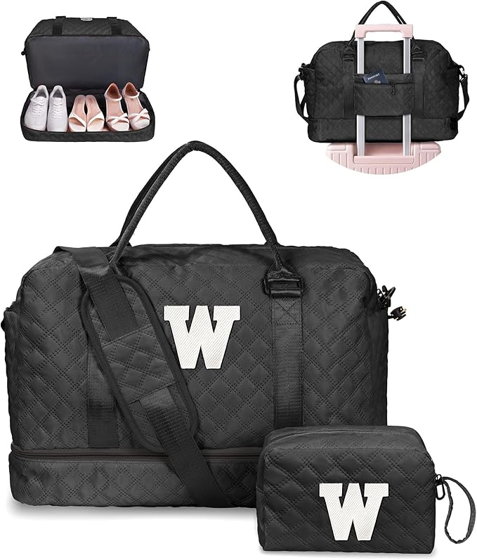 Vogewood Initial Duffle Travel Bag, Personalized Weekender Bag with Shoulder Strap, Monogram Overnight Bag for Women Wet Pocket, Letter Travel Bag with Makeup Bag Gifts for Friends Female (Letter W)