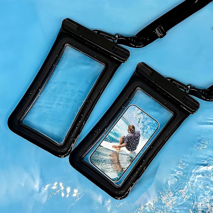 IPX8 Floating Waterproof Dry Bag 2-Pack, 7.2 Inch Waterproof Phone Pouch for iPhone 16/15/14 Pro Max Galaxy S24/S23 Adjustable Lanyard + Wrist Strap Beach Swimming Travel Essentials Black