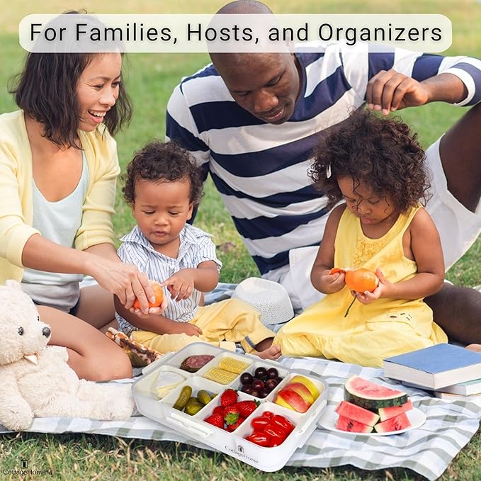 Snackle Box Container with 8 Removable Compartments - 2 Pack Divided Serving Tray with Lid and Handle for Candy, Fruits, Veggies, Nuts, Snacks - Dishwasher Safe, Reusable Travel Snack Box