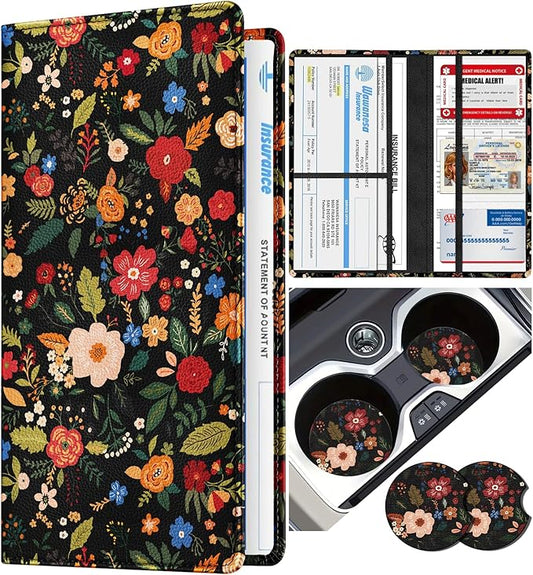 Slohif Car Registration and Insurance Card Holder - Blossom Vehicle Glove Box Organizer Women with Magnetic Shut Leather Automobile License Holders Coasters Auto Accessories Case for Document