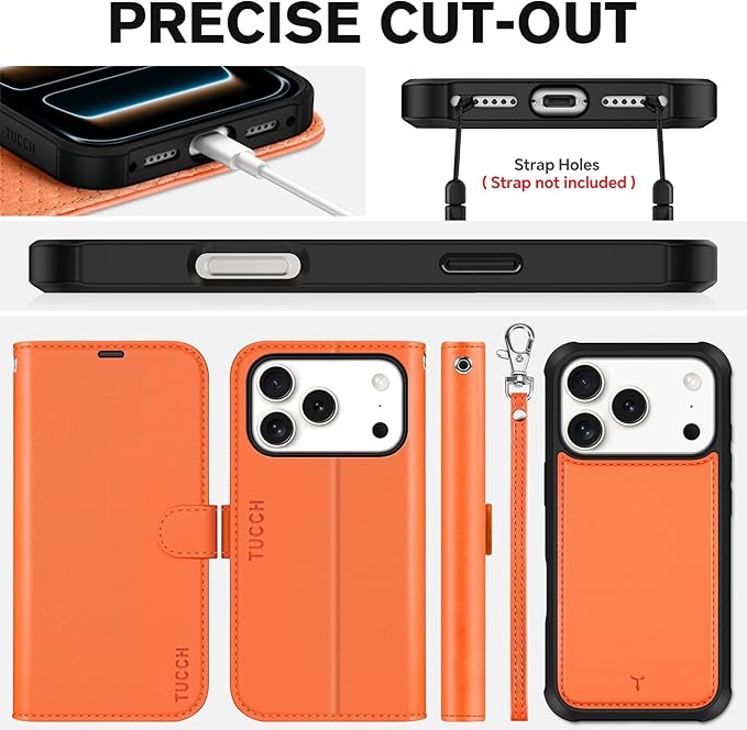 TUCCH Detachable Case Wallet for iPhone 17 Pro (6.3") 2025, Wrist Strap | 4 Card Slots RFID Blocking | Wireless Charging | Stand | 2-in-1 Magnetic | PU Leather | Shockproof Folio Cover | Orange