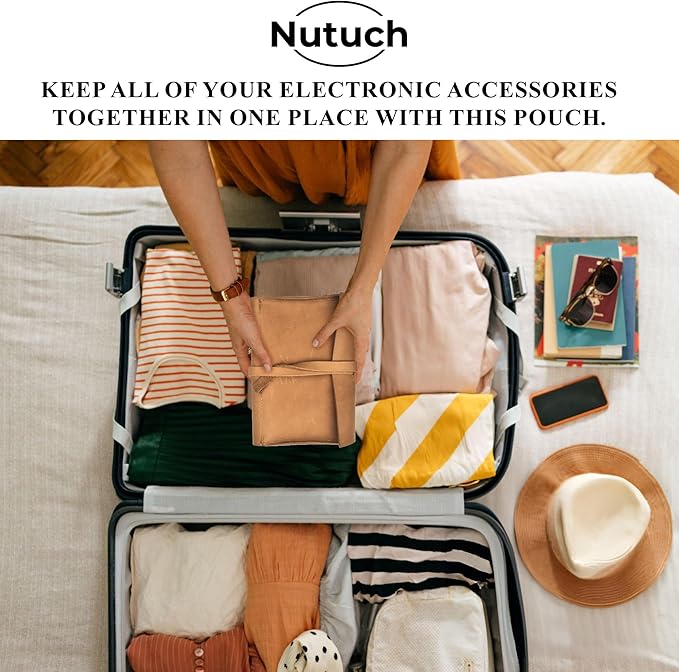 Leather Tech Pouch for Cables Chargers Phone | Tech Bag | Zipper Travel Accessory Pouch | Electronic Organizer Case Travel Bag (Tan)