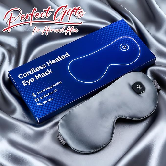 Cordless Heated Eye Mask for Dry Eyes, Blocking Light Warm Compress Rechargeable, 1000mAh Electric Eye Heating Pad for Sleeping, Washable Silk Heat Sleep Mask with 3 Temperature Settings, Grey