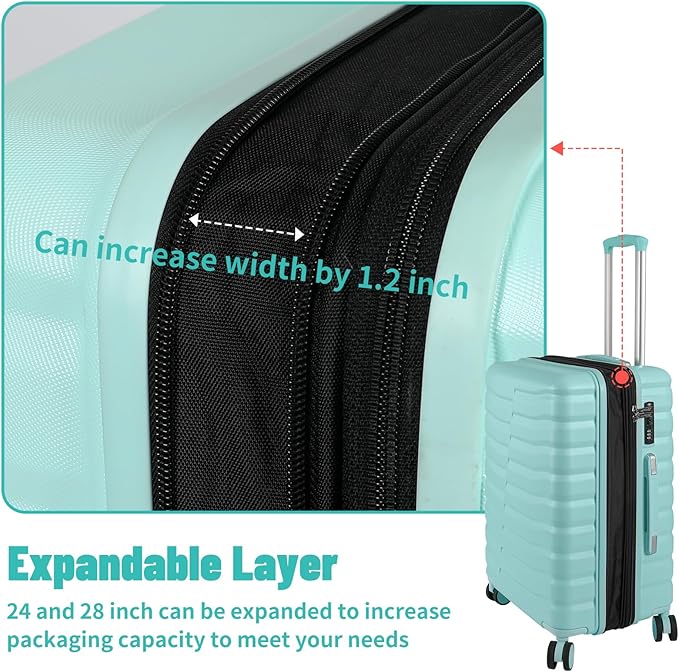 Lightweight Luggage with Spinner Wheels & YKK Zipper, 3-Piece Suitcase ABS+PC Hardside Hard Shell Luggage Set with TSA Lock, Light Mint Green (20+24+28 inch)