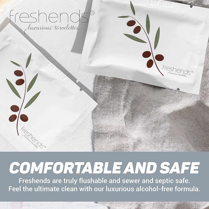 Freshends Luxurious Towlette Variety Bundle: (25) Freshends, (25) Freshstarts, (25) Freshlens, (25) Hand Sanitizer Wipes. Flushable toilet tissues, personal care wipes, and travel-friendly wet wipes
