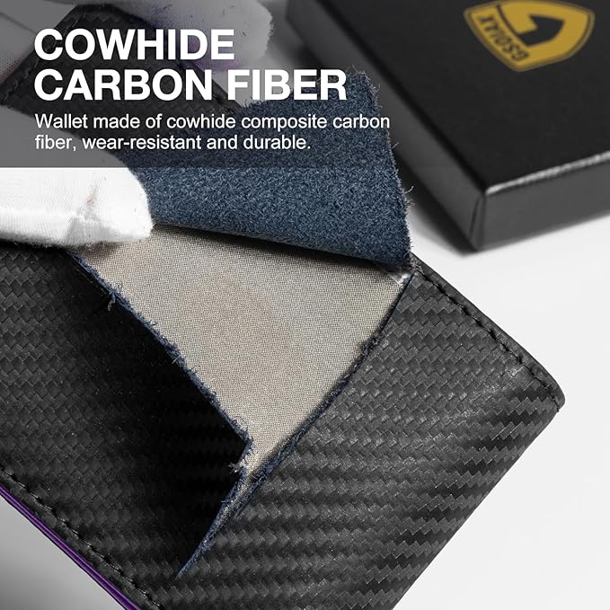 GSOIAX Mens Slim Wallet for Men Minimalist Genuine Leather Carbon Fiber Rfid Blocking Cowhide Bifold Credit Card Holder With Gift Box (Carbon Black and Purple)