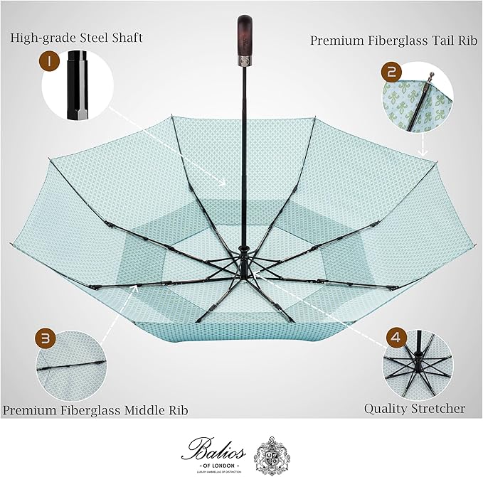 Balios Travel Folding Umbrella with Real Wood Handle Auto Open Close Vented Windproof Canopy - Designed in UK