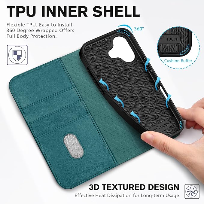 TUCCH Case Wallet for iPhone 17 (6.3-Inch) 2025, [3 Card Slots] Kickstand [RFID Blocking] PU Leather Case, Flip Folio Cover with [TPU Shockproof Interior Shell], Teal Green