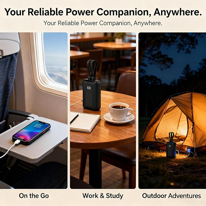 Portable Charger 10000mAh Power Bank with 4-Port Fast Charging, Built-in Type-C & Lightning High-Speed Cables, LED Display for iPhone 16/15/14/13 Pro Max & for Samsung S25/S24.