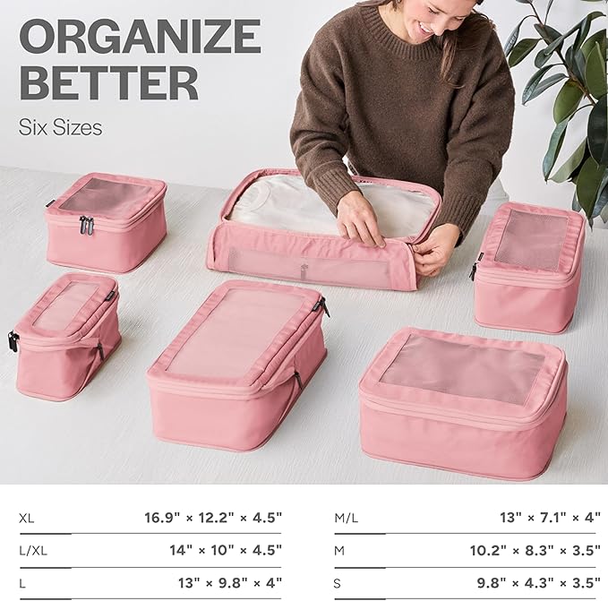 Aerotrunk Compression Packing Cubes for Travel - Luggage Organizer Bags - Double Zipper Packing Cubes for Suitcases (6-Pack, Rose)