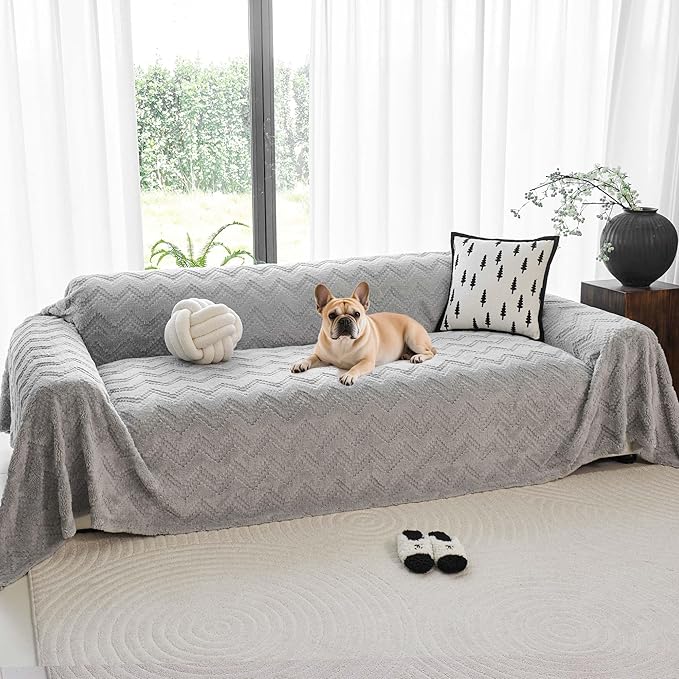 Sherpa Fleece Couch Cover for 3 Cushion Sofa, Grey, 71" x 134" - Pet Proof Sofa Covers Heavy Duty Scratch Resistant Pet Friendly Furniture Cover - Easy Install, Machine Washable