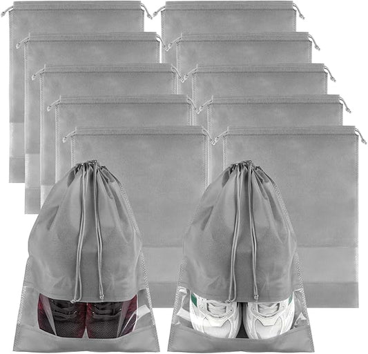 Large Gray Travel Shoe Bags - 10 Pcs with Clear Window, Non-Woven Drawstring, 12.6" X 17.3" for Men Women