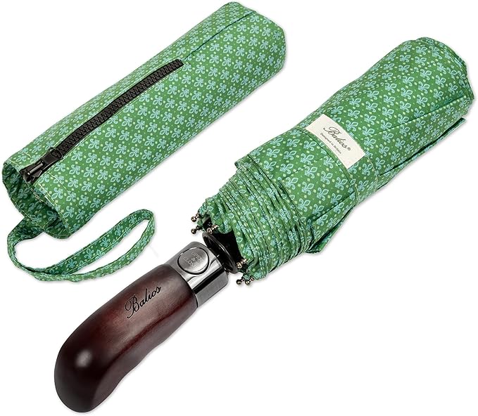 Balios Travel Folding Umbrella with Real Wood Handle Auto Open Close Vented Windproof Canopy - Designed in UK