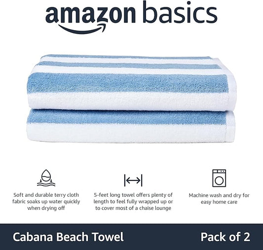 Amazon Basics Sky Blue Cabana Stripe Pool & Beach Towel, 100% Cotton, Soft & Absorbent, Machine Washable, Quick Dry, Large, 2 Pack, Sky Blue, 30" x 60"