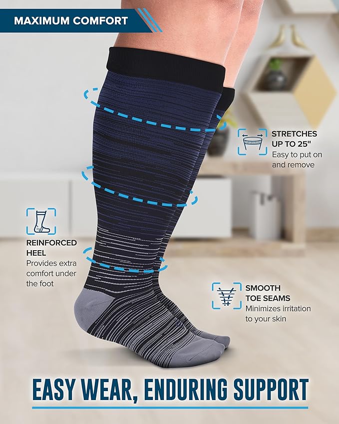 Doctor's Select 3 Pairs Plus Size Compression Socks Wide Calf - Up to 6XL | 20-30 mmHg Compression Socks for Women Wide Calf | Line Patterns 2