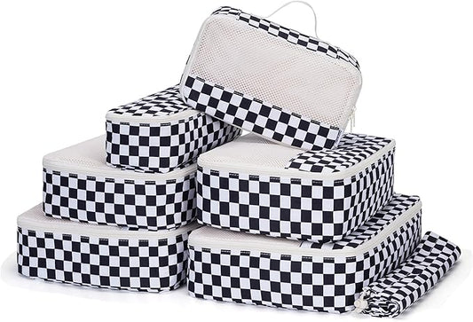 Narwey 7 Set Checkered Packing Cubes for Travel Carry on Suitcase Luggage Organizer Bags for Kids Women Men, Durable Packing Organizers Bag, Travel Essentials Accessories (Black Checkerboard)